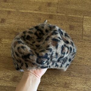 Leopard Print Faux Fur Beret - Brown